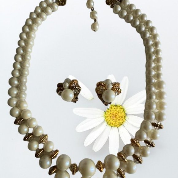 Vintage Retro Chunky Faux Pearl & Gold Tone Crystal Necklace Earrings Set 1950's - Picture 7 of 11